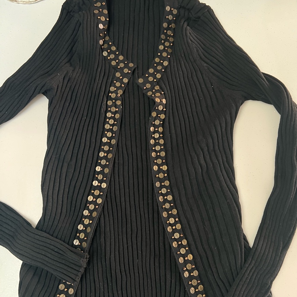 INC International Concepts Black Ribbed Blouse with Gold Accents